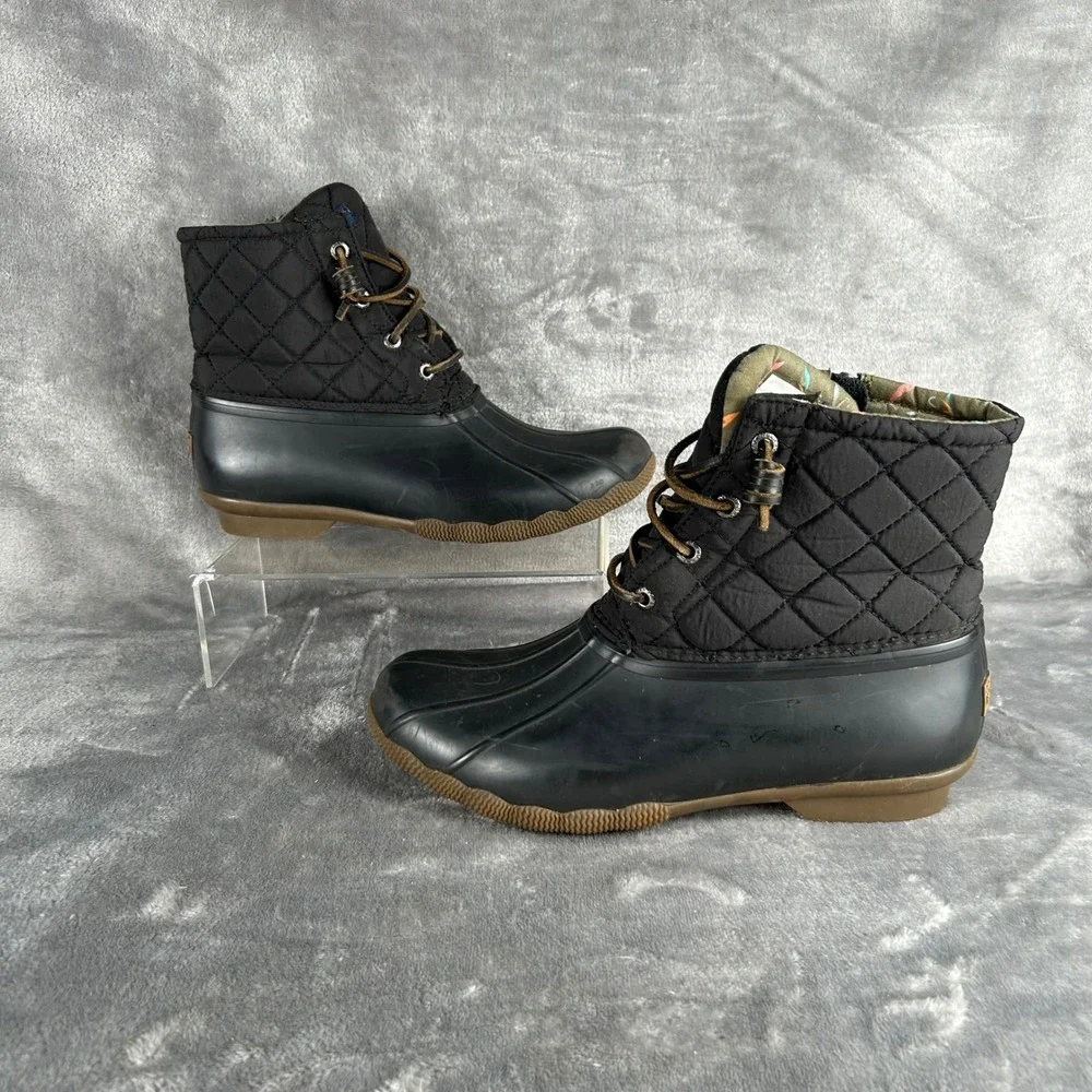 Sperry Saltwater Quilted Duck Boots Black Rubber Floral Lining STS94063 Size 8
